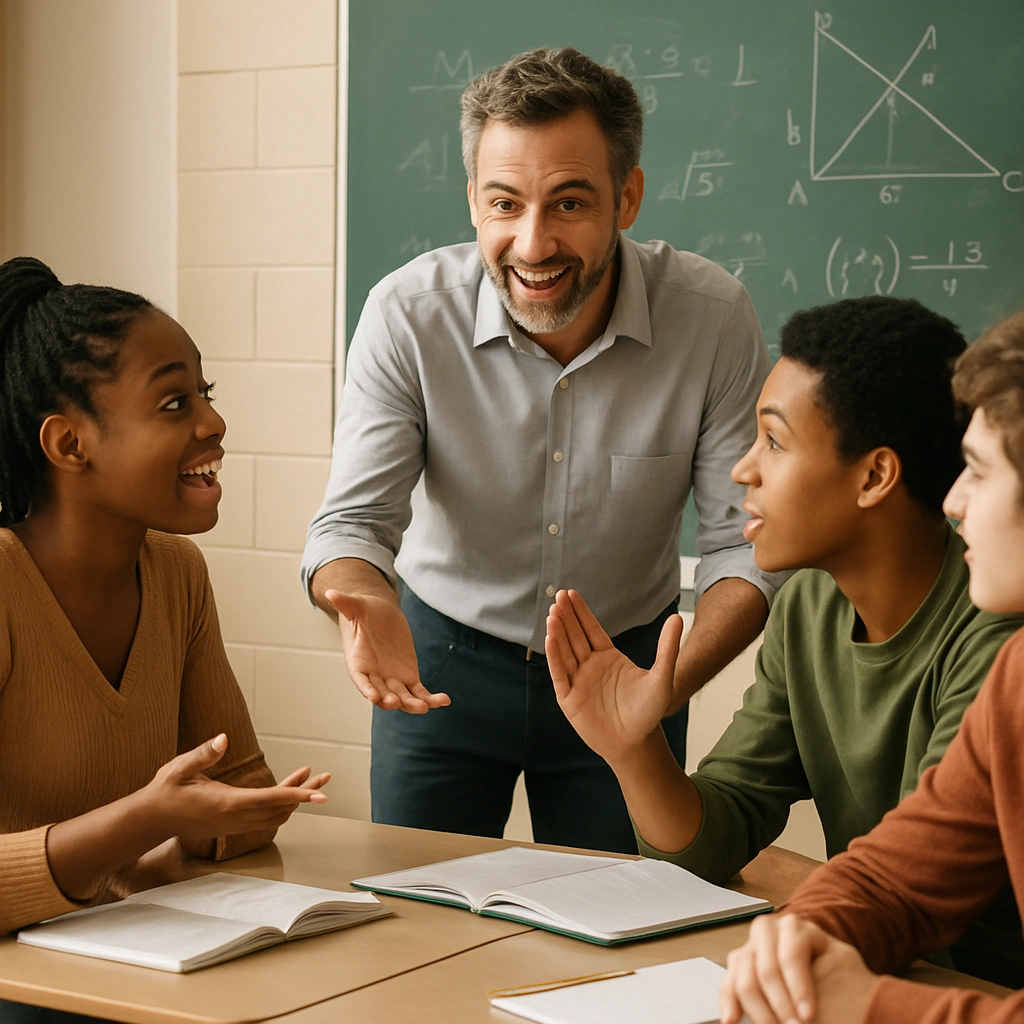 Generate an image showcasing a teacher facilitating a mathematics debate, helping students overcome challenges and fostering a positive dialog in the classroom. The image should convey a sense of guidance, support, and enthusiasm in a learning environment. Generate an image WITHOUT ANY TEXT, LETTERS, OR WORDS.