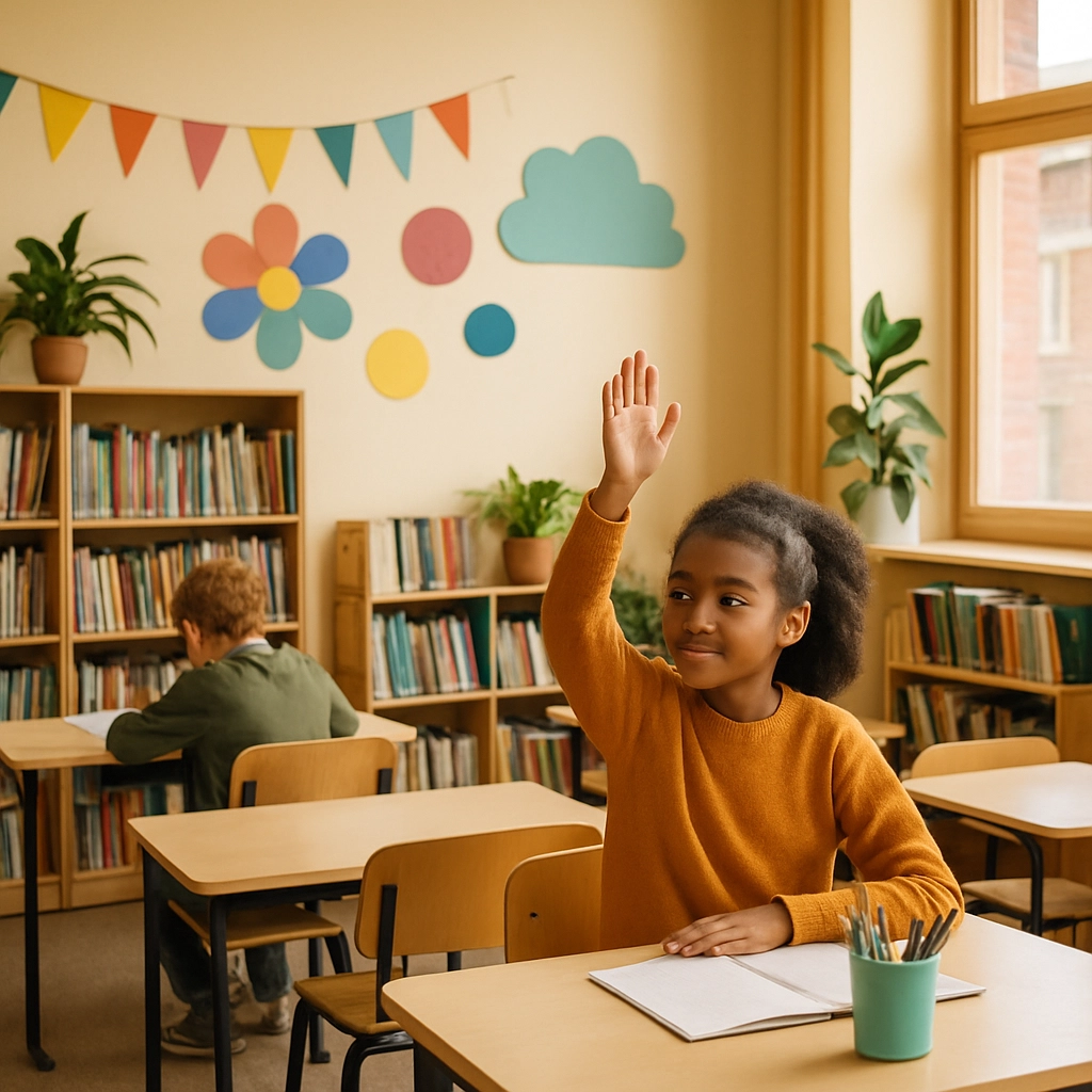 A classroom filled with educational materials, showcasing student projects and collaborative work, indicating high st...