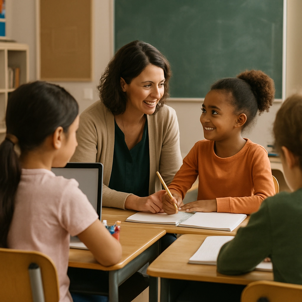 A teacher engaged in a one-on-one session with a student, using a personalized learning plan to discuss progress and ...