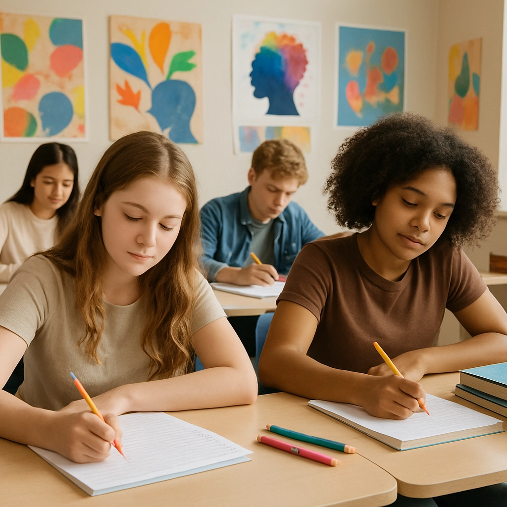 A detailed visual description of a classroom setting where students are engaged in freewriting, surrounded by motivat...