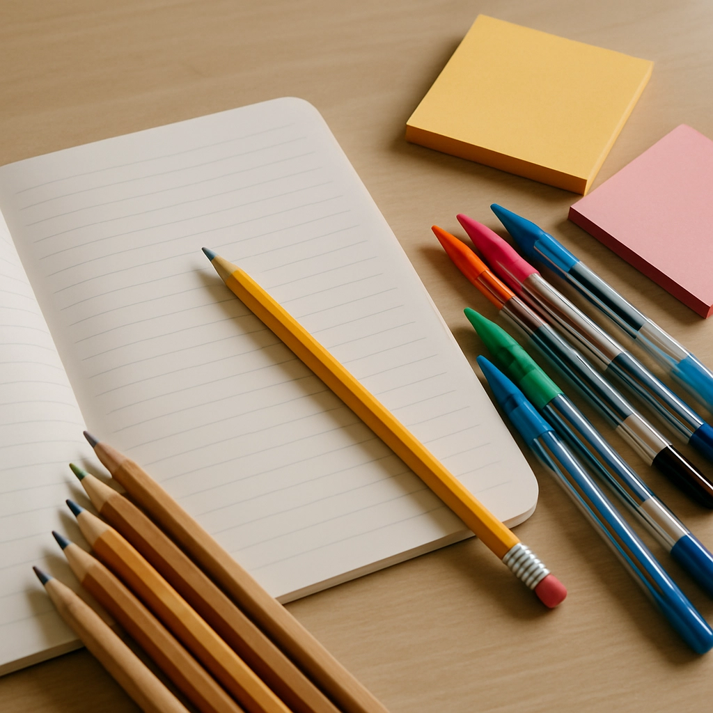 A detailed visual description of various writing tools, such as pencils, colorful pens, and sticky notes, arranged th...