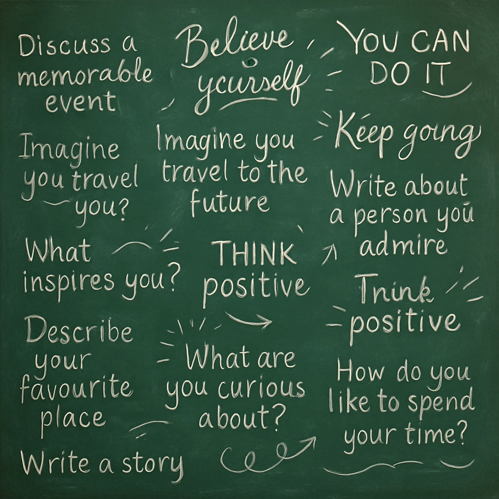 A detailed visual description of a chalkboard filled with various writing prompts and inspirational quotes, emphasizi...