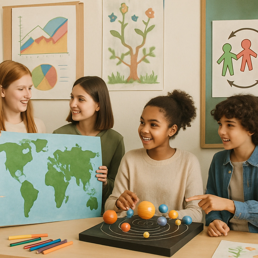 An educational setting showcasing various instructional materials and interactive group projects that exemplify socia...