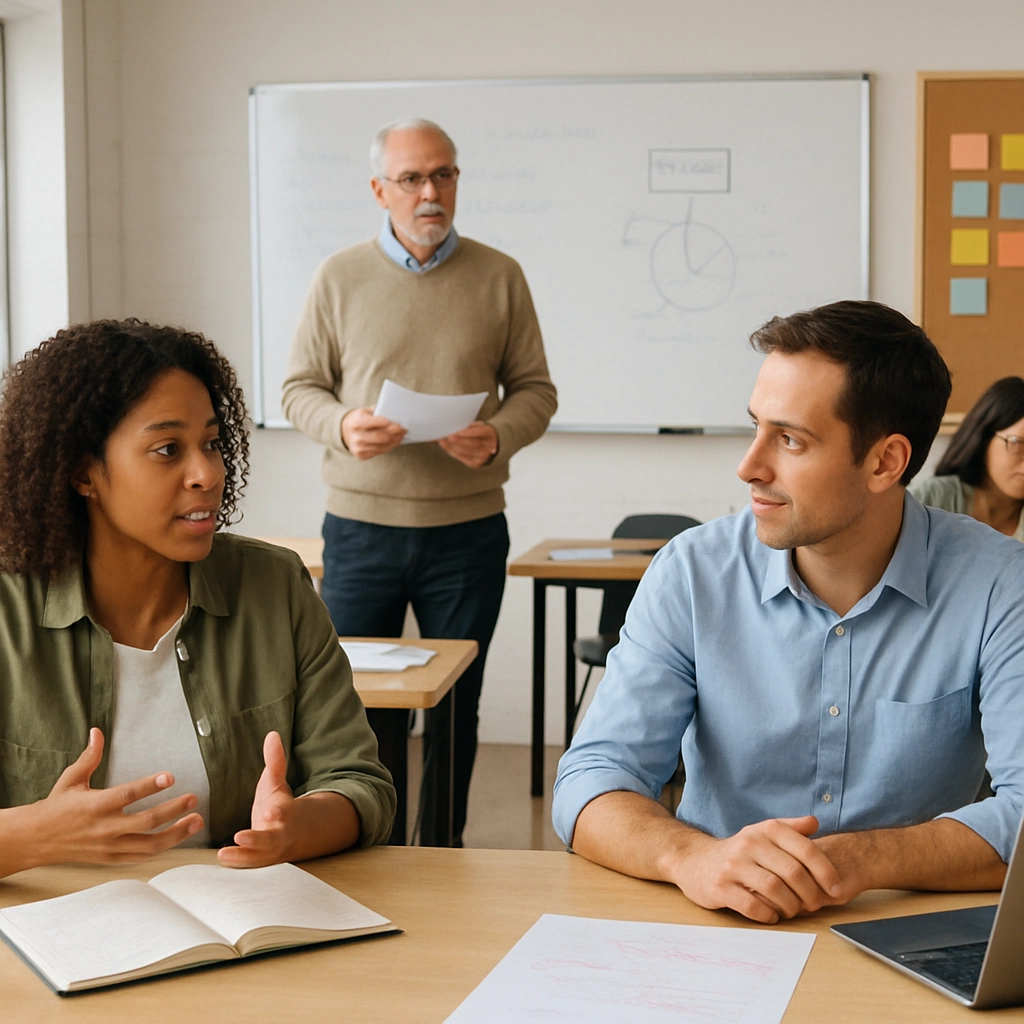 An illustration depicting ongoing professional development sessions for teachers with interactive discussions and col...